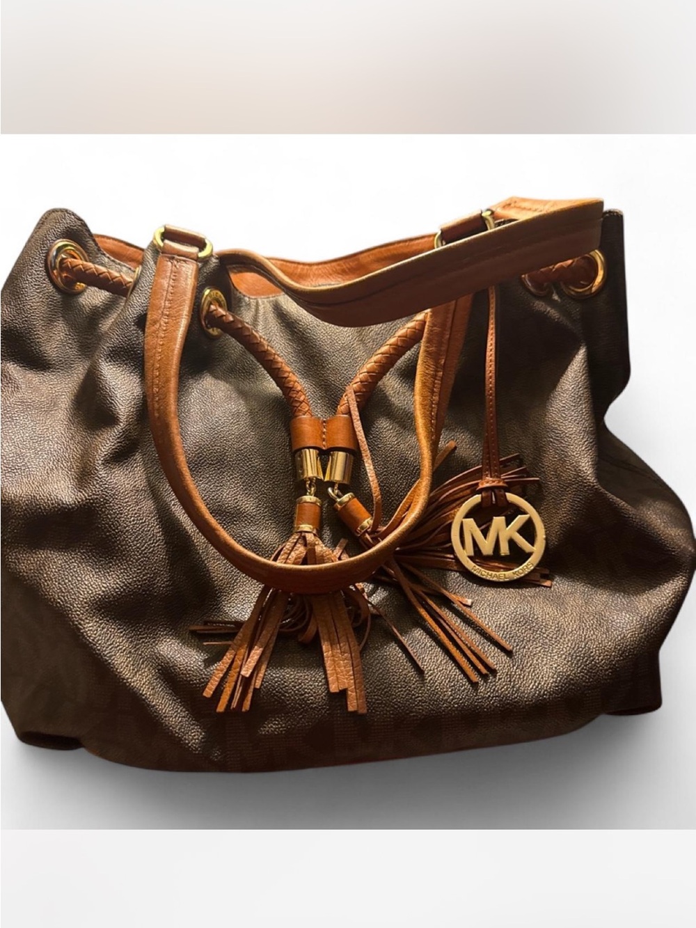 Michael Kors Chocolate Brown Leather Shoulder Bag with Tan Trim and Tassels